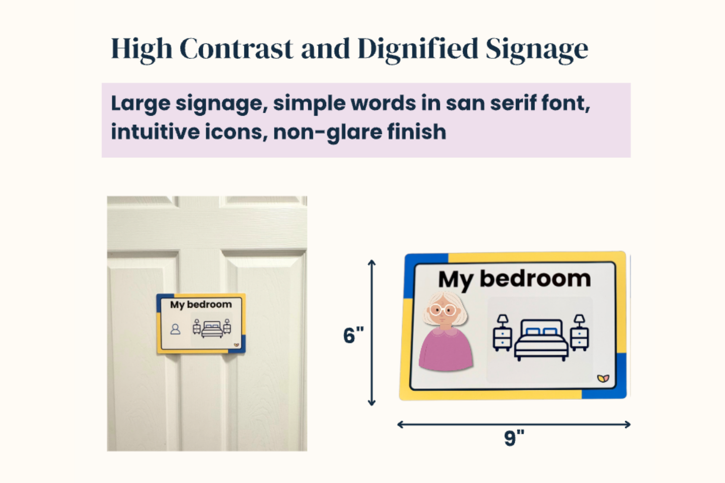 Caregiver applying a dementia-friendly 'Kitchen' sign to a wall.