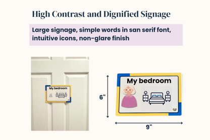 Caregiver applying a dementia-friendly 'Kitchen' sign to a wall.