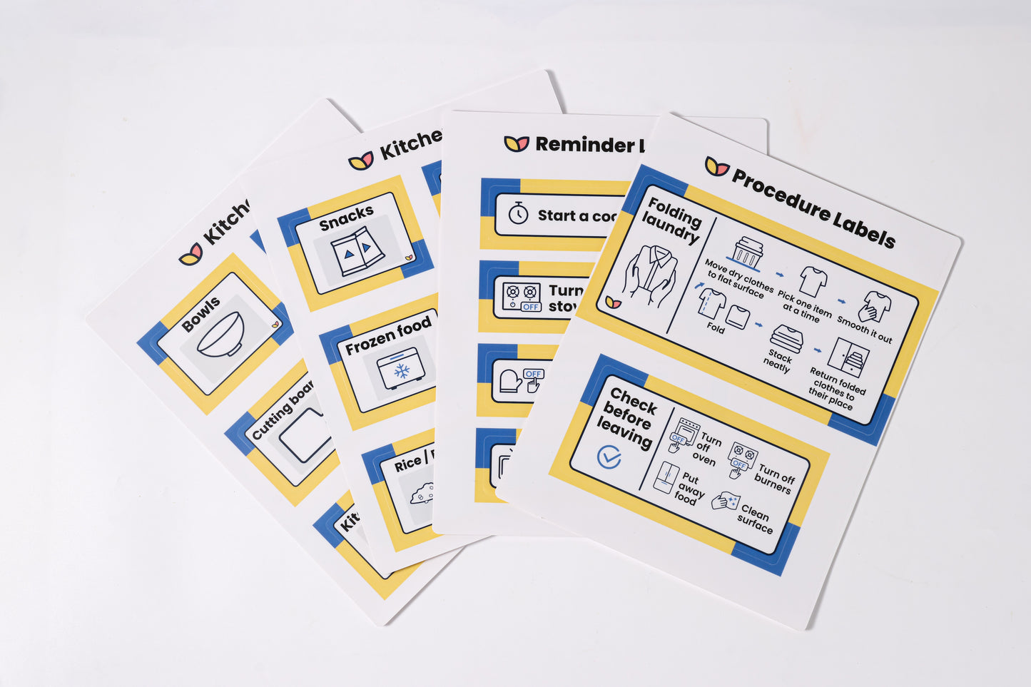 A sheet of The Familiar Space™ reusable TPE home labels with clear icons.