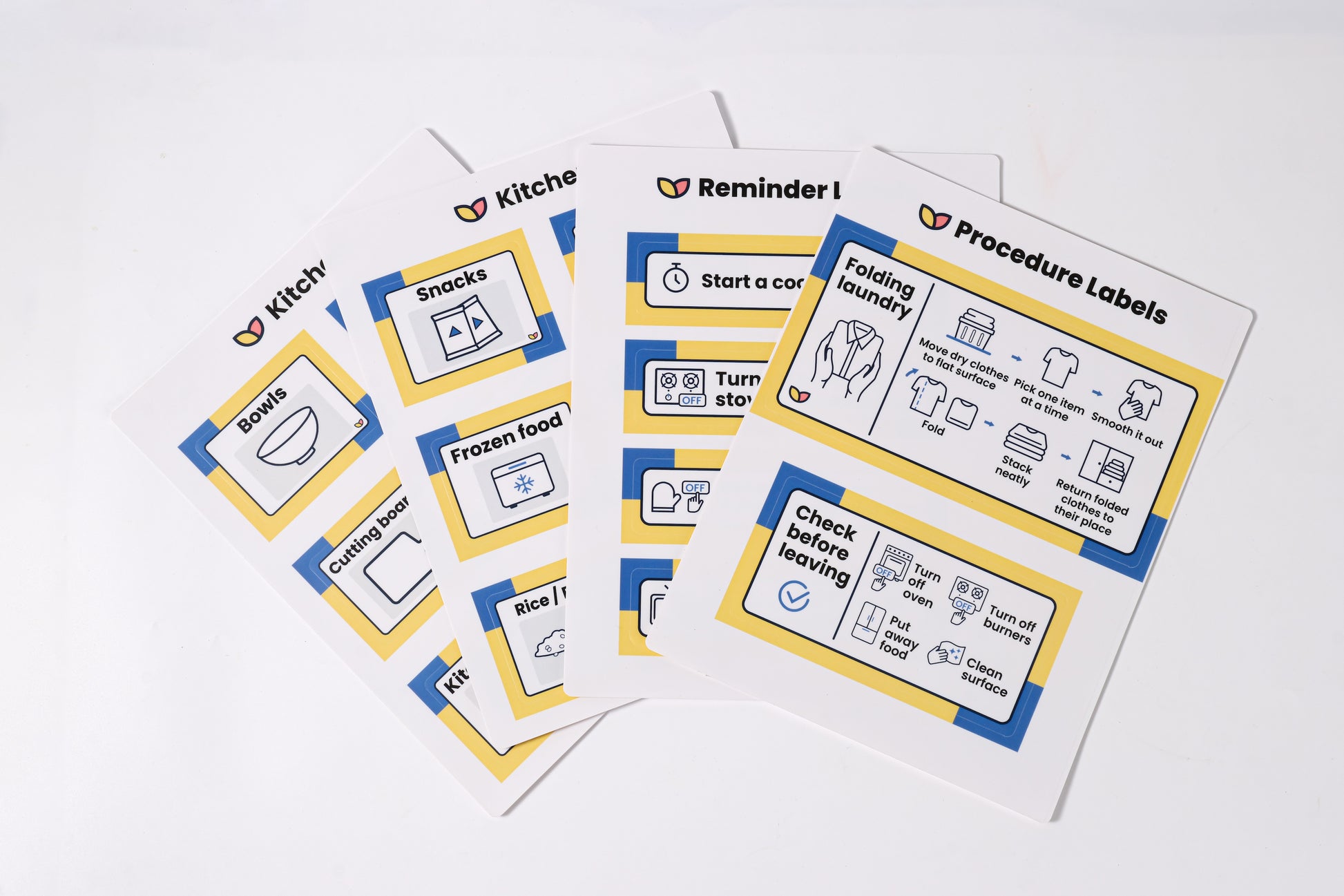 A sheet of The Familiar Space™ reusable TPE home labels with clear icons.
