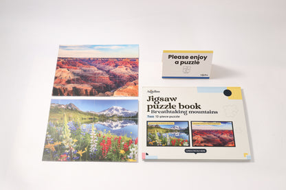 The 2-in-1 Breathtaking Mountains puzzle book, closed.
