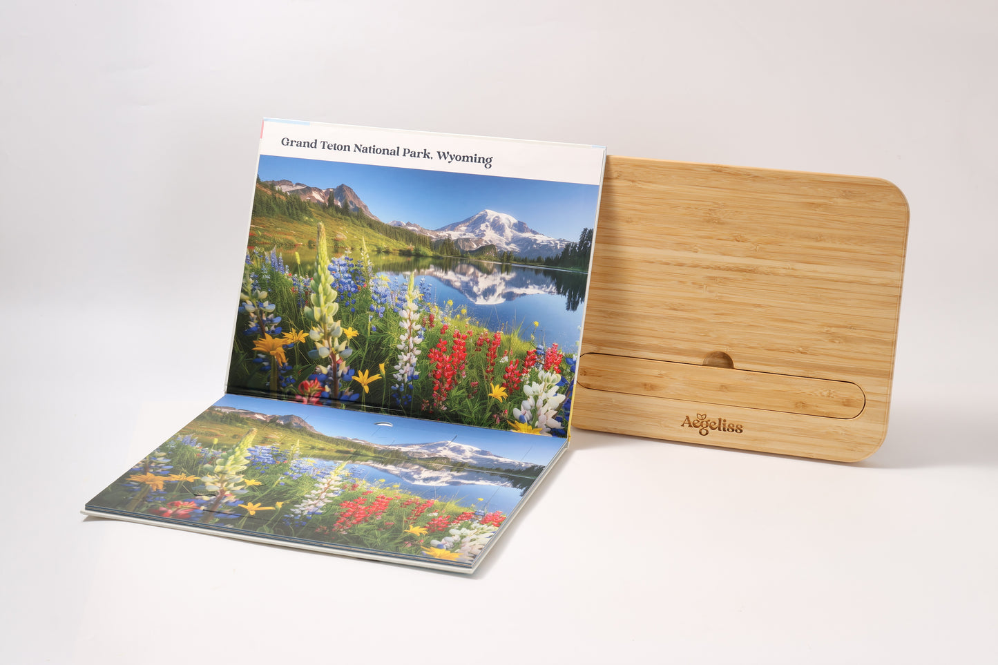 The 2-in-1 Breathtaking Mountains puzzle book, closed.