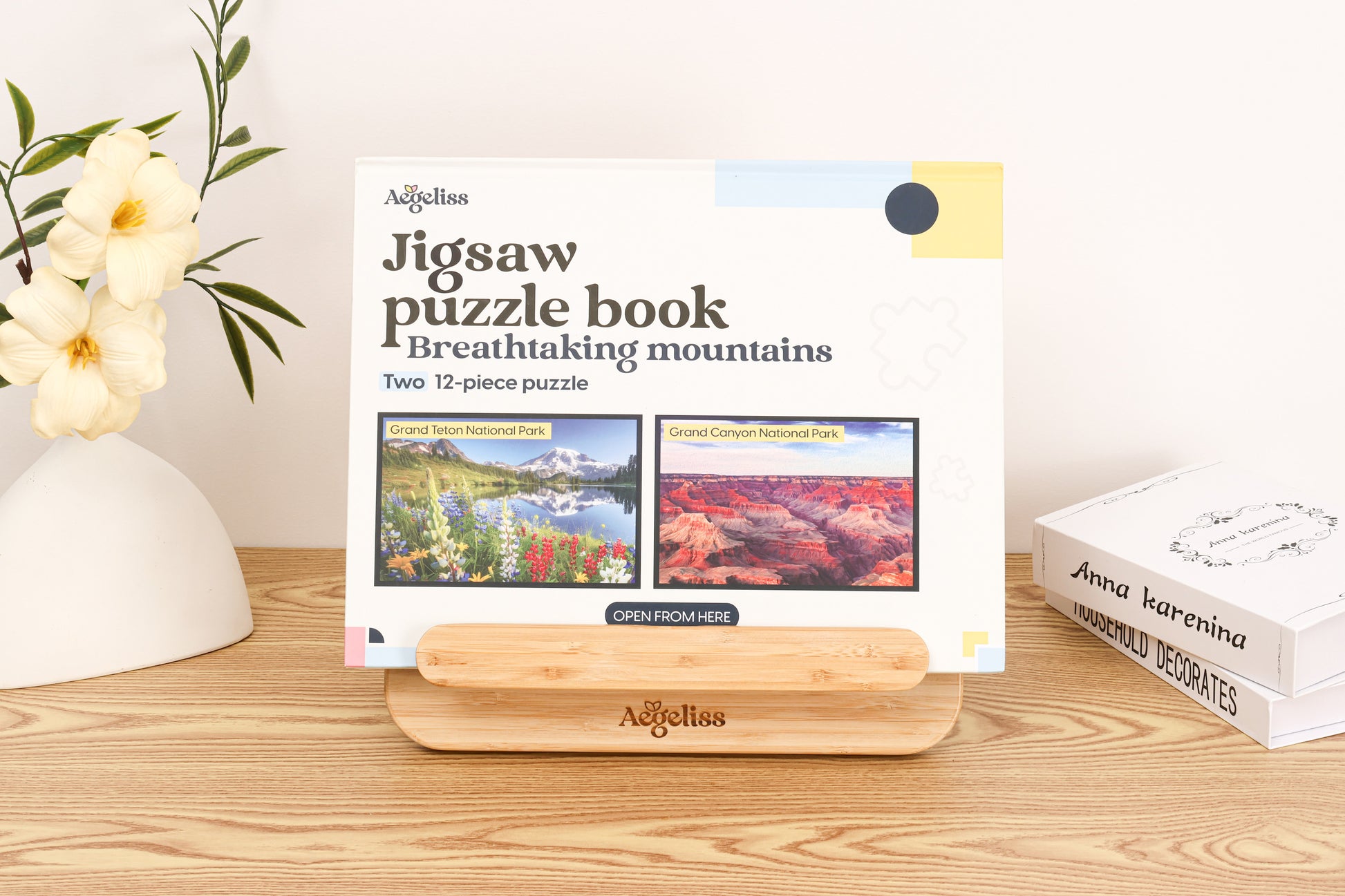 The 2-in-1 Breathtaking Mountains puzzle book, closed.