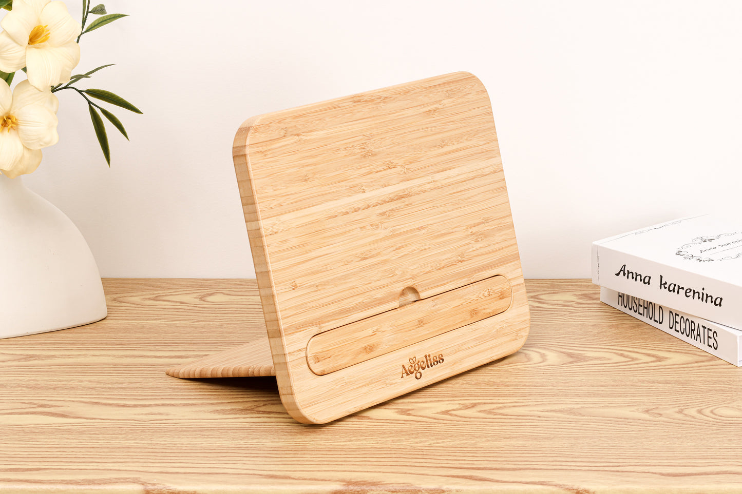 The Adjustable Bamboo Stand shown in two flat, interlocking pieces.