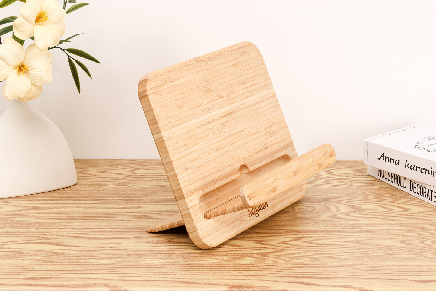 The Adjustable Bamboo Stand shown in two flat, interlocking pieces.
