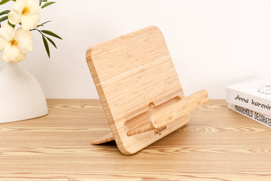 The Adjustable Bamboo Stand shown in two flat, interlocking pieces.
