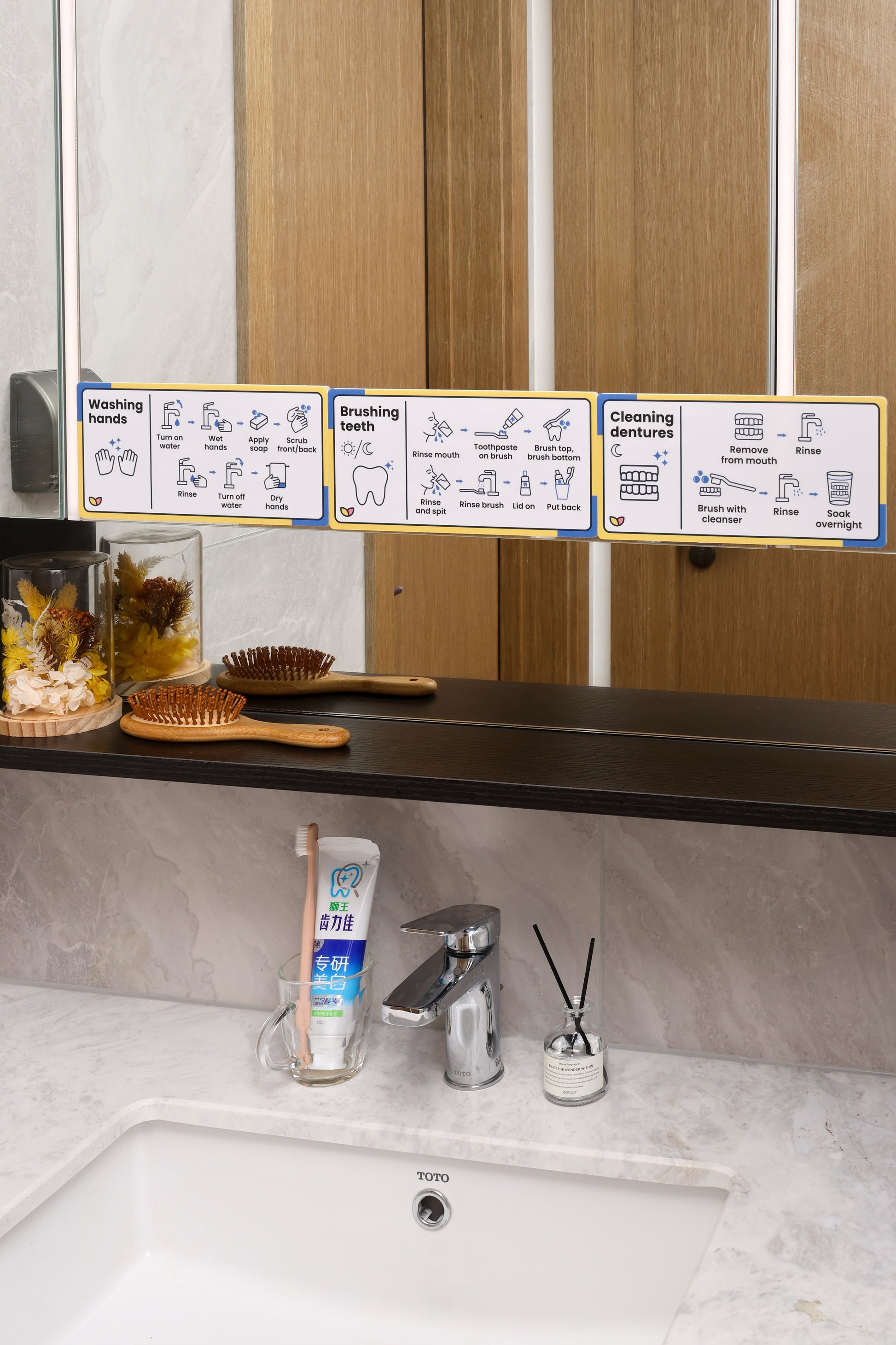 A sheet of The Familiar Space™ reusable TPE home labels with clear icons.