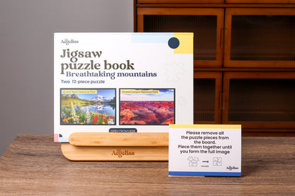 The contents of the puzzle kit: the book, two stone paper guided templates, and discussion guide.